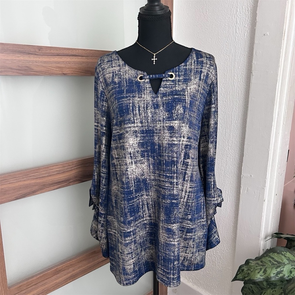 JM Collection Navy and gold Blouse with Tie Sleeves